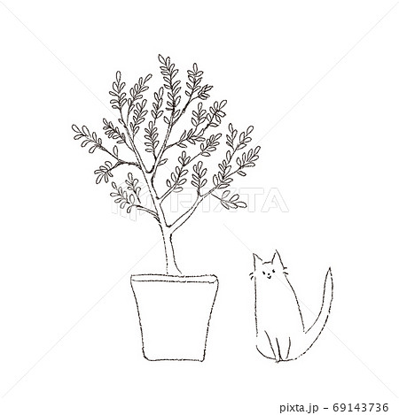 猫とオリーブの木 線画のイラスト素材