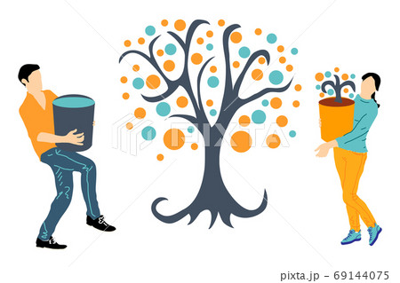 Vector illustration dedicated to ecology and the environment. Young people water and take care of a tree 69144075