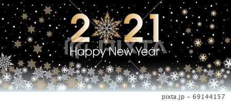 2021 Happy New Year template with gold and white snowflakes and stars on background. 2021 Happy New Year template with gold and white snowflakes and stars on background. 69144157