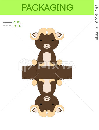 DIY party favor box die cut template design for birthdays, baby showers with cute musk-ox for sweets, candies, small presents. Printable color scheme. 69144598