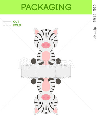 DIY party favor box die cut template design for birthdays, baby showers with cute zebra for sweets, candies, small presents. Printable color scheme 69144599