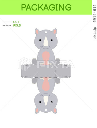 DIY party favor box die cut template design for birthdays, baby showers with cute rhino for sweets, candies, small presents. Printable color scheme. 69144612