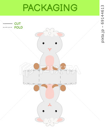 DIY party favor box die cut template design for birthdays, baby showers with cute sheep for sweets, candies, small presents. Printable color scheme. 69144613