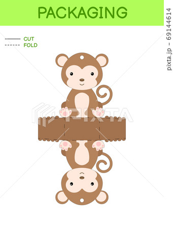 DIY party favor box die cut template design for birthdays, baby showers with cute monkey for sweets, candies, small presents. Printable color scheme 69144614