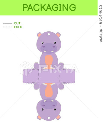 DIY party favor box die cut template design for birthdays, baby showers with cute hippo for sweets, candies, small presents. Printable color scheme. DIY party favor box die cut template design for birthdays, baby showers with cute hippo for sweets, candies, small presents. Printable color scheme. 69144615