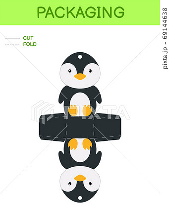 DIY party favor box die cut template design for birthdays, baby showers with cute penguin for sweets, candies, small presents. Printable color scheme. DIY party favor box die cut template design for birthdays, baby showers with cute penguin for sweets, candies, small presents. Printable color scheme. 69144638