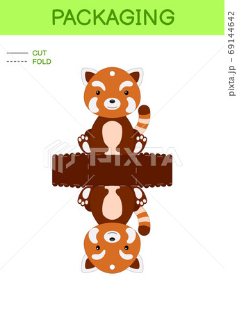 DIY party favor box die cut template design for birthdays, baby showers with cute red panda for sweets, candies, small presents. Printable color scheme. 69144642