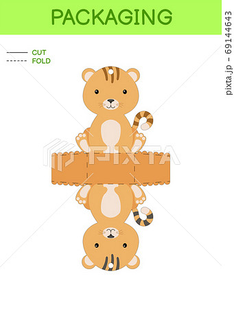 DIY party favor box die cut template design for birthdays, baby showers with cute cat for sweets, candies, small presents. Printable color scheme 69144643