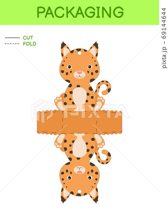 DIY party favor box die cut template design for birthdays, baby showers with cute lynx for sweets, candies, small presents. Printable color scheme 69144644