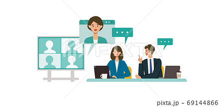 テレビ会議をする社会人のイラストのイラスト素材