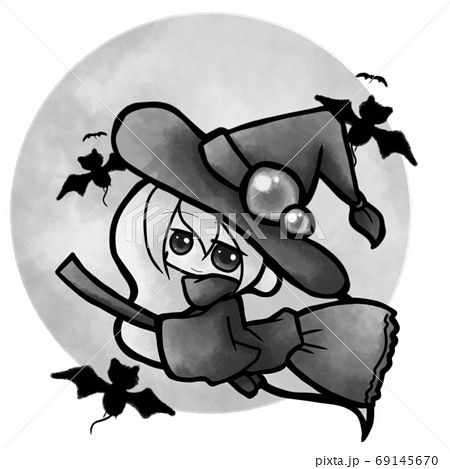 白黒ハロウィンの可愛いほうきに乗った魔女のイラスト素材