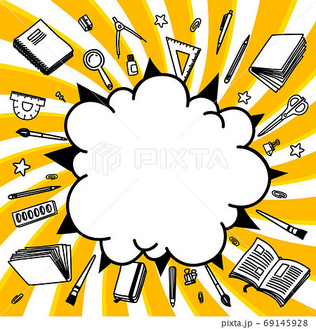 Stationery collection. Outline style. Back to school thin line vector doodle illustration template isolated on twisted background. Sketchy vector backpack and stationery for graphic design, web banner 69145928