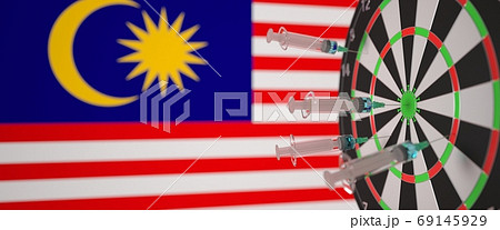 Vaccine syringes with text and flag of Malaysia as a background. Malaysian Medical research and vaccination, 3D rendering 69145929