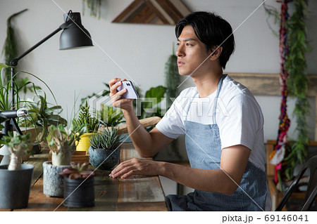 観葉植物をスマホで撮影する男性 69146041