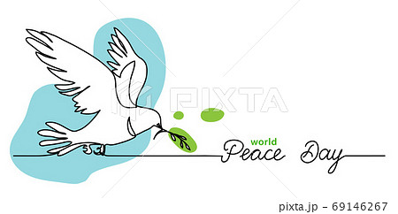 World Peace Day minimal background, web banner with white dove, pigeon and olive branch. One continuous line drawing background with lettering Peace Day 69146267