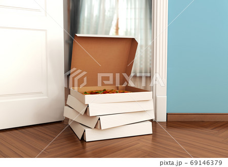 food delivery concept a supermarket pizza boxes stands at the ro 69146379