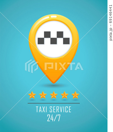 Taxi service banner. Yellow taxi icon. Yellow Map pin with taxi car sign on blue background. Taxi service banner. Yellow taxi icon. Yellow Map pin with taxi car sign on blue background. 69146441