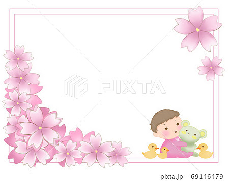ピンクの花と赤ちゃんとクマのフレーム 白地 のイラスト素材