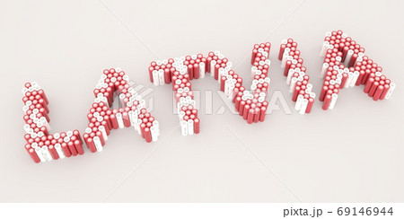 LATVIA text made with many batteries. Electrical technologies related 3d rendering 69146944