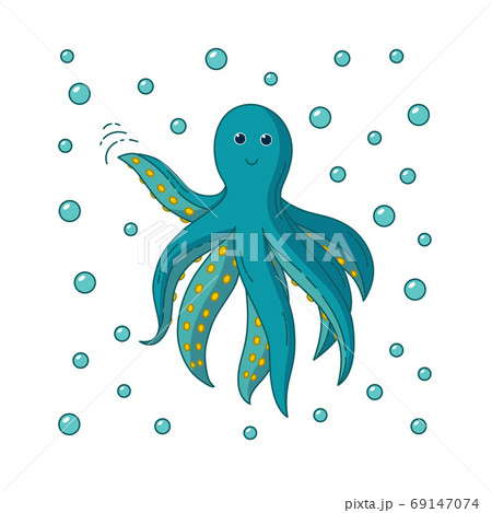 Octopus waving hi surrounded with bubbles. Vector illustration Octopus waving hi surrounded with bubbles. Vector illustration 69147074