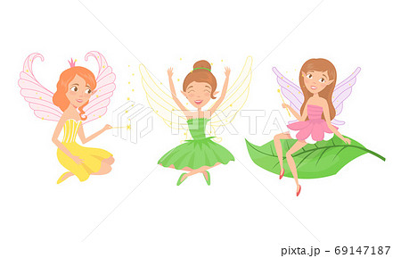Little Fairy or Pixie with Wings Holding Magic Wand Vector Illustration Set 69147187