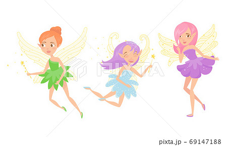 Little Fairy or Pixie with Wings Holding Magic Wand Vector Illustration Set 69147188