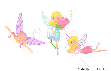 Little Fairy or Pixie with Wings Holding Flower and Magic Wand Vector Illustration Set Little Fairy or Pixie with Wings Holding Flower and Magic Wand Vector Illustration Set 69147189