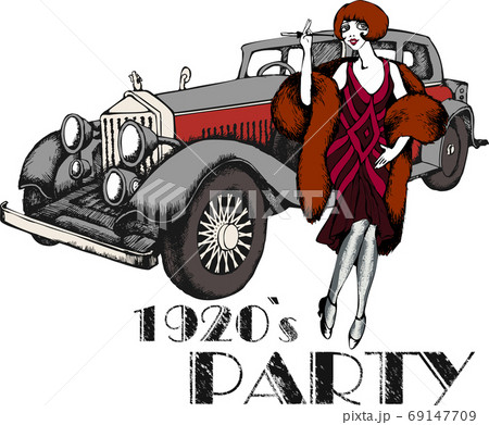 Pretty girl dressed for a party in the style of roaring twenties. Vector illustration For Wallpaper, Banner, Background, Card, Book, Mural, Illustration, landing page, cover, placard, poster, banne Pretty girl dressed for a party in the style of roaring twenties. Vector illustration For Wallpaper, Banner, Background, Card, Book, Mural, Illustration, landing page, cover, placard, poster, banne 69147709