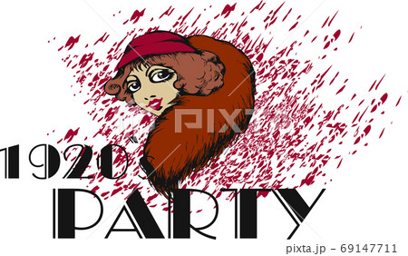 Pretty girl dressed for a party in the style of roaring twenties. Vector illustration For Wallpaper, Banner, Background, Card, Book, Mural, Illustration, landing page, cover, placard, poster, banne Pretty girl dressed for a party in the style of roaring twenties. Vector illustration For Wallpaper, Banner, Background, Card, Book, Mural, Illustration, landing page, cover, placard, poster, banne 69147711