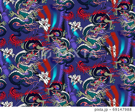 Pattern of asian dragon and flowers. Vector illustration. Suitable for fabric, mural, wrapping paper and the like 69147988