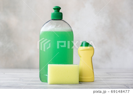 kitchen dishwashing detergent, cleaning powder and sponge 69148477