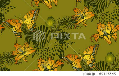 Pattern of lily and animal texture. Vector illustration. Suitable for fabric, mural, wrapping paper and the like 69148545