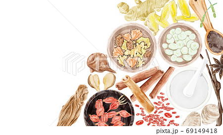 色々な種類の漢方生薬を並べたイラスト 色々な種類の漢方生薬を並べたイラスト 69149418