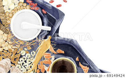 色々な種類の漢方生薬を並べたイラスト 色々な種類の漢方生薬を並べたイラスト 69149424