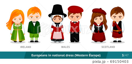 Ireland, Wales, Scotland. Men and women in national dress. 69150403