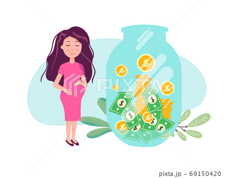 Young pregnant woman. Pregnant woman and bank piggy bank with money. vector flat design illustrations isolated on white background. 69150420