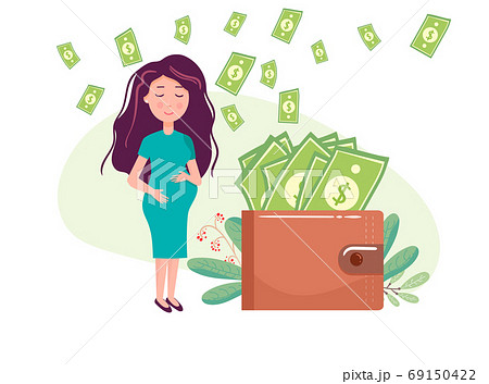 Young pregnant woman purse. Pregnant woman and money. vector flat design illustrations isolated on white background. 69150422