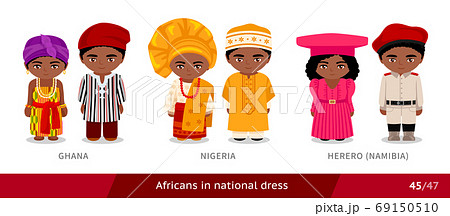Ghana, Nigeria, Herero, Namibia. Men and women in national dress. Ghana, Nigeria, Herero, Namibia. Men and women in national dress. 69150510