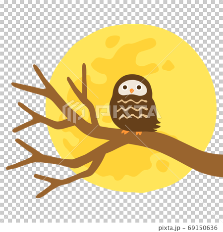 Illustration of a full moon and an owl perching on a dead tree 69150636