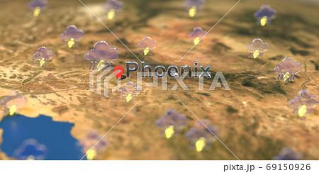 Stormy weather icons near Phoenix city on the map, weather forecast related 3D rendering Stormy weather icons near Phoenix city on the map, weather forecast related 3D rendering 69150926