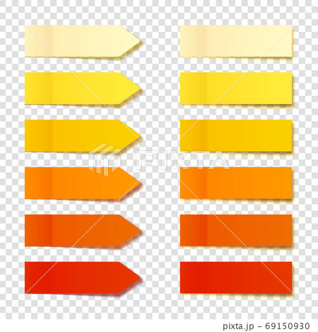 Realistic orange sticky notes collection. Arrow flag tabs. Post note stickers. Colorful sticky paper 69150930
