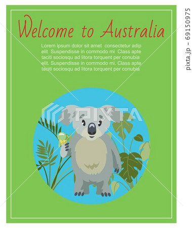 Welcome to Australia, poster lettering, diverse wildlife, australian mammal friendly continent, cartoon style vector illustration. Welcome to Australia, poster lettering, diverse wildlife, australian mammal friendly continent, cartoon style vector illustration. 69150975