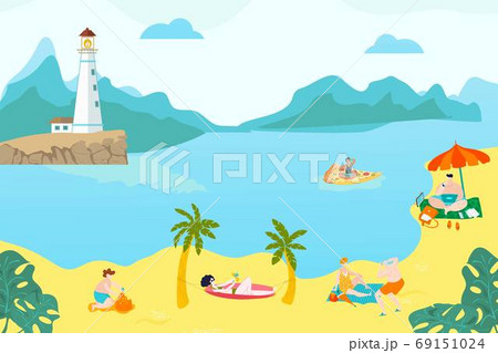 Summer rest peoples on beach, young girls lying in sand, warm sea, seascape, lifestyle, design cartoon style vector illustration. 69151024