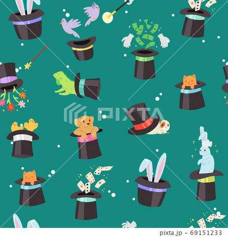 Magic seamless pattern vector illustration, cartoon flat illusionist show circus trick with bunny, cat or puppy, flying playing cards in hat 69151233