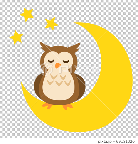 三日月に止まって眠るフクロウのイラストのイラスト素材