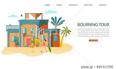 Summer rest, bourning tour inscription on website banner, hot vacation, tropical tourism, design cartoon style vector illustration 69151706