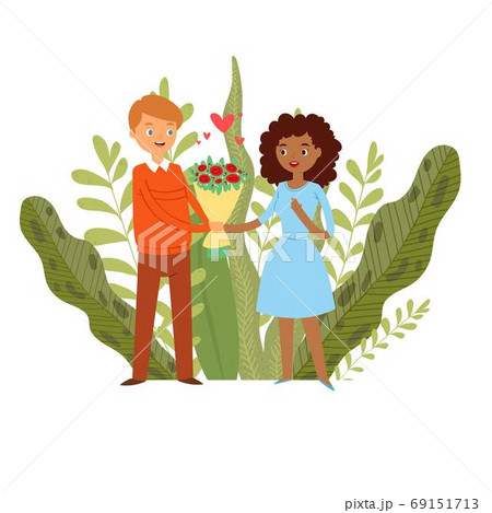 Happy couple, love hearts, young romance, romantic day, guy gives flowers girl, design, cartoon style vector illustration. Happy couple, love hearts, young romance, romantic day, guy gives flowers girl, design, cartoon style vector illustration. 69151713