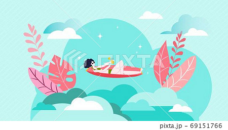 Relax girl vacation ,sunbathes beach hot summer day, beach woman mustard swimsuit, design, cartoon style vector illustration. 69151766