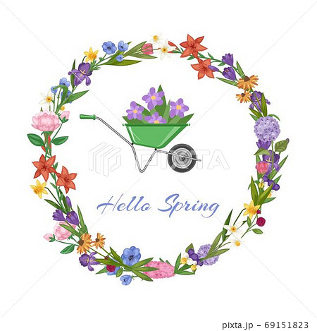 Hello spring lettering and wreath banner, bright floral design, colorful ornament, cartoon vector illustration, isolated on white. Hello spring lettering and wreath banner, bright floral design, colorful ornament, cartoon vector illustration, isolated on white. 69151823