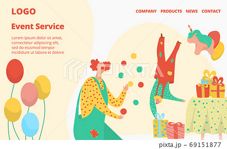 Happy Birthday vector illustration, cartoon interface website design for event management service company with clown characters, balloons 69151877